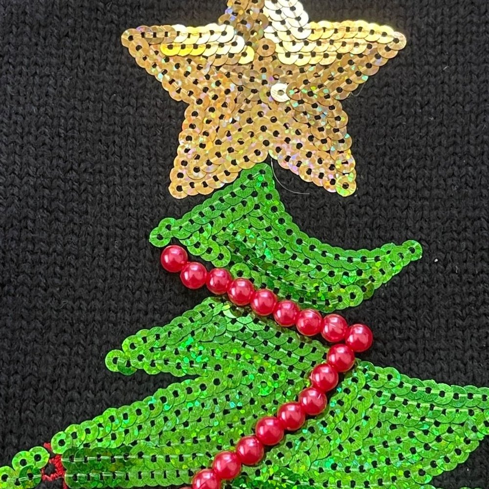 Holiday Time Sequin Christmas Tree Sweater L Ugly X-Mas Pullover Bells Pom Poms - Picture 3 of 10